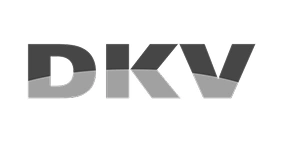 Logotip en escala de grisos de DKV, mútua mèdica associada amb Junyent Estudi Dental.