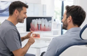 Pacient rebent una explicació sobre si fa mal un implant dental abans d’una cirurgia planificada